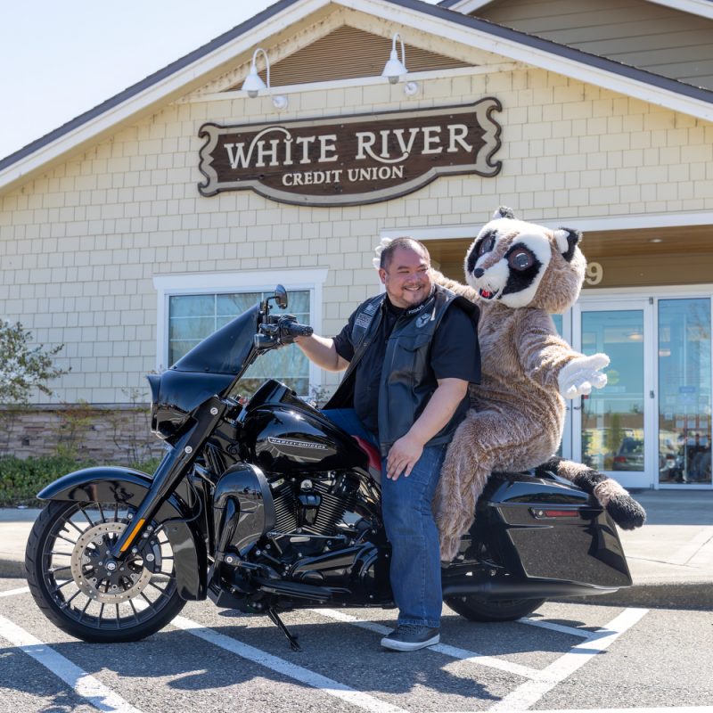 Rocky the raccoon and a local biker sitting on their motorcycle on a blog about car and motorcycle loans